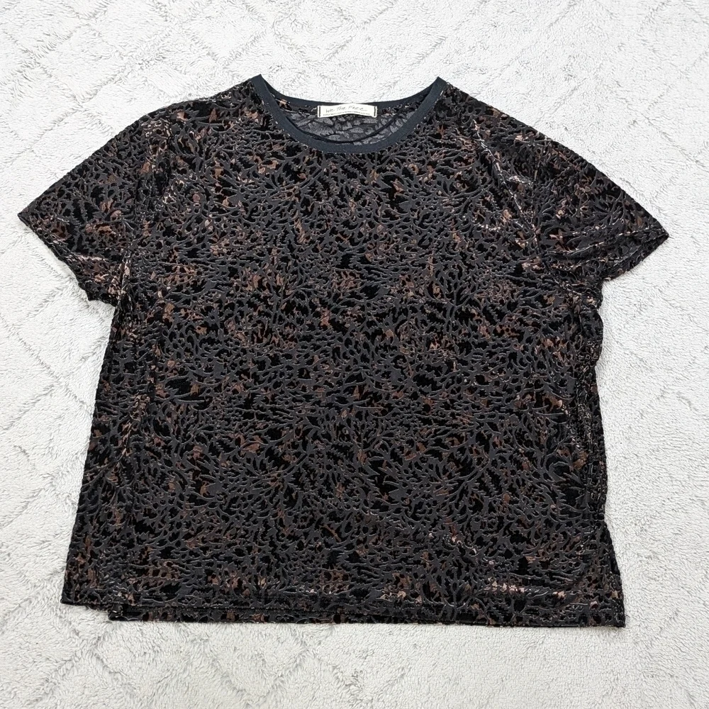 Free People Shirt Women's XS Black Cheetah Combo Teddy Velvet Boxy Top